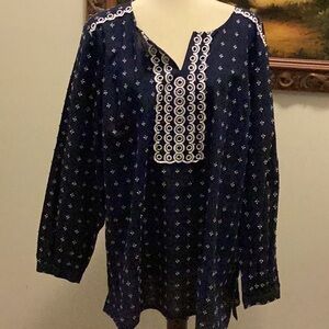 TALBOTS Cotton Blend Eyelet and Embroidered Navy & White Tunic